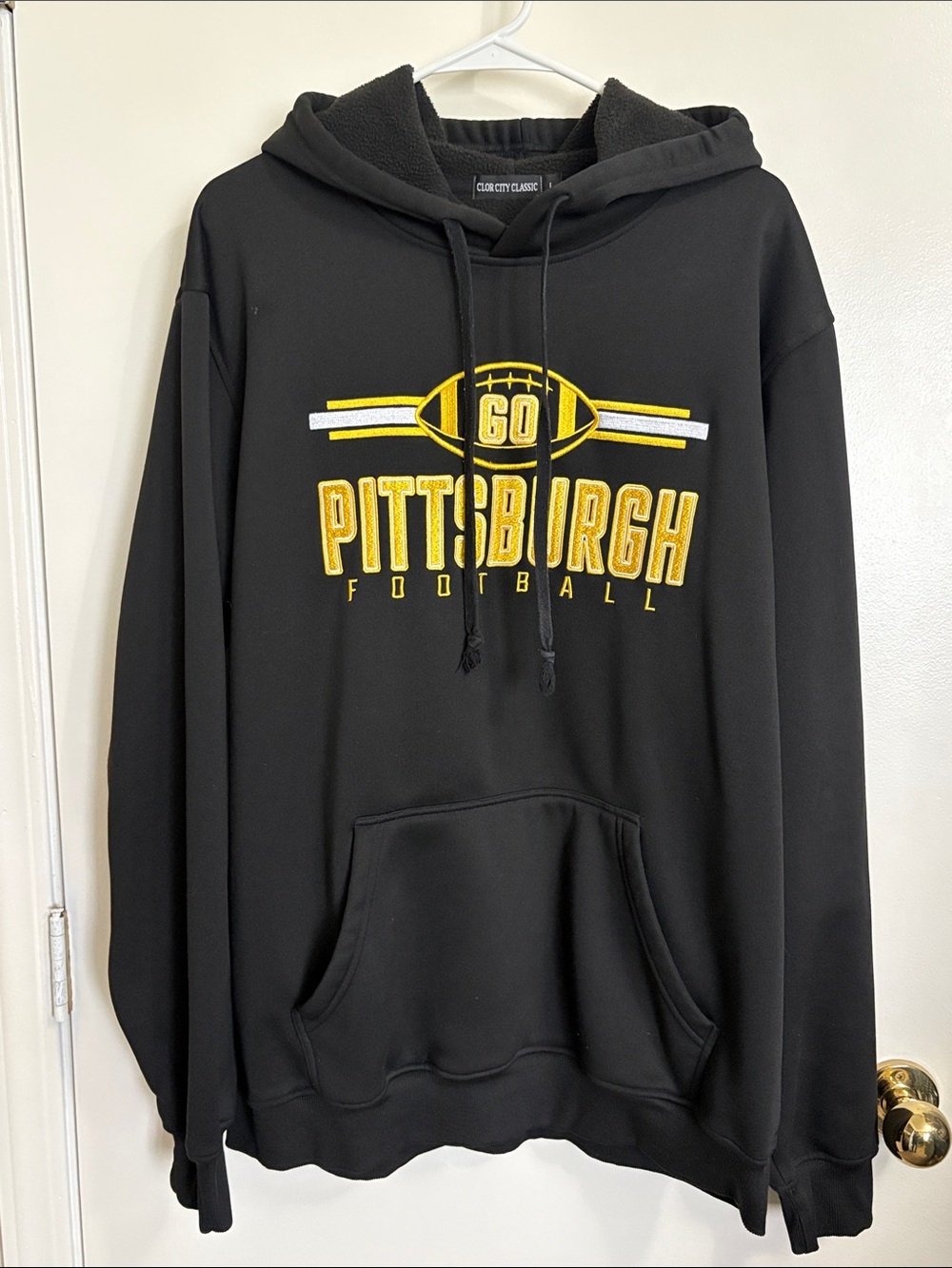 Black Clor City Classic Pittsburgh Steelers Football Hoodie - Embroidered Detail